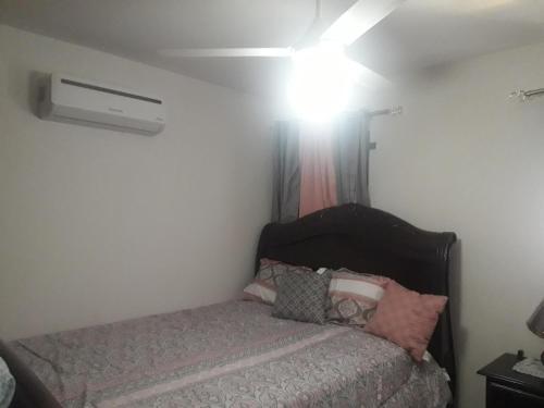 um quarto com uma cama e uma luz na parede em Apartamento Céntrico y Acogedor em Santiago de los Caballeros