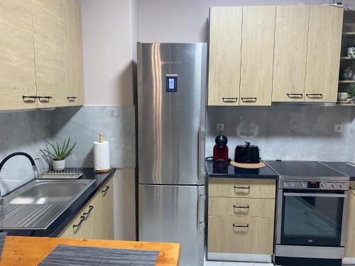 a kitchen with a stainless steel refrigerator and a sink at Anastasia's Luxury House in Kavala