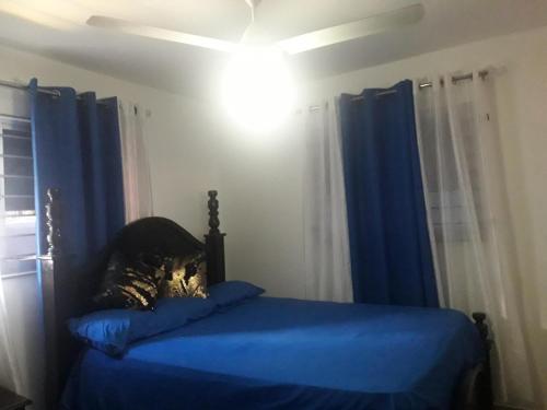um quarto com uma cama com lençóis azuis e cortinas azuis em Apartamento Céntrico y Acogedor em Santiago de los Caballeros