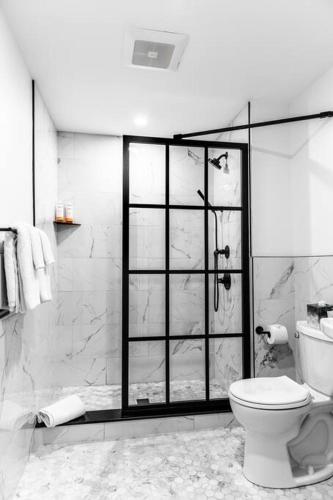 a bathroom with a shower and a toilet at King Bed, The Phenix Historic DWTN Hotel, Room # 304 in Bangor
