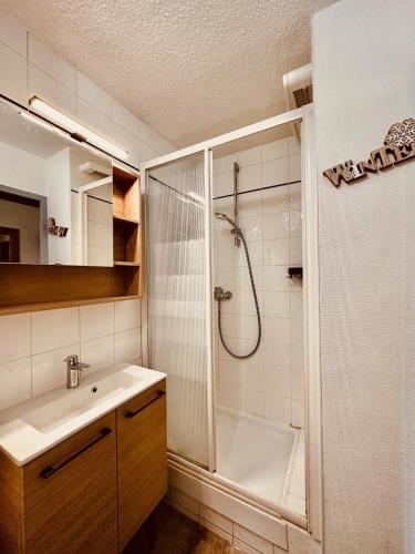une salle de bain avec douche et lavabo dans l'établissement L'AnsloBoys Montagne J4, à Les Deux Alpes