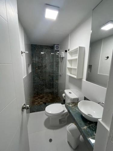 a bathroom with a shower and a toilet and a sink at Lindo departamento en Punta Hermosa in Punta Hermosa