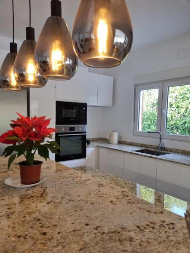 a kitchen with a marble counter top and lights at Finca Vista El Montanes in Málaga