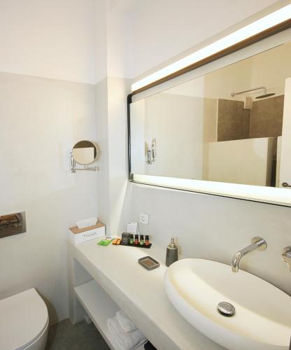 a bathroom with a sink and a toilet and a mirror at Kallichoron Art Boutique Hotel in Astypalaia Town