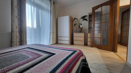 Schlafzimmer mit einem Bett mit einem Teppich und einer Tür in der Unterkunft Apartament Twoja Chwila II in Stronie Śląskie