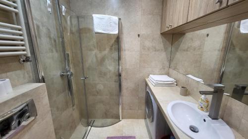 La salle de bains est pourvue d'une douche et d'un lavabo. dans l'établissement Apartament Twoja Chwila II, à Stronie Śląskie