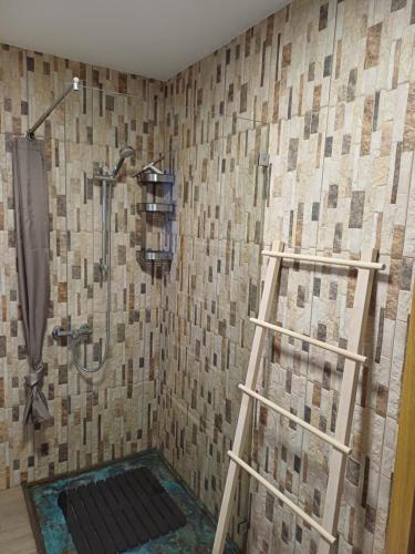 a bathroom with a shower with a ladder in it at Oficina do Joe , Bungalow Gitte in Outeiro