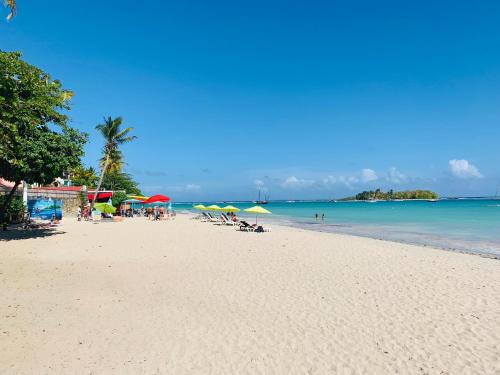 una playa con sillas y sombrillas y el océano en Emeraude Bay, Magnifique T3 Vue Mer proche de la plage, en Le Gosier