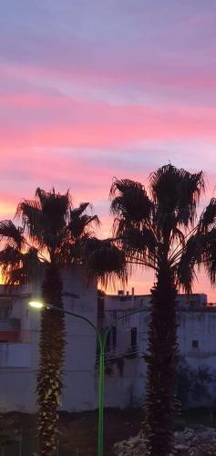 a sunset with two palm trees in front of a building at VALERIA'S HOUSE in Terlizzi