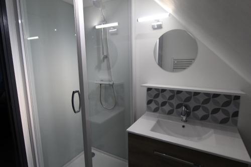 La salle de bains est pourvue d'une douche, d'un lavabo et d'un miroir. dans l'établissement chambre Studio proche centre ville, à Loudéac