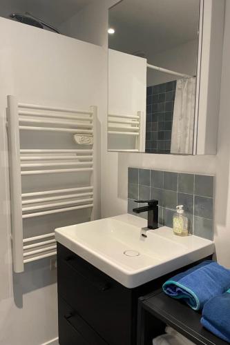 une salle de bain blanche avec un lavabo et un miroir dans l'établissement Superbe 2 pièces proche Nation, à Paris