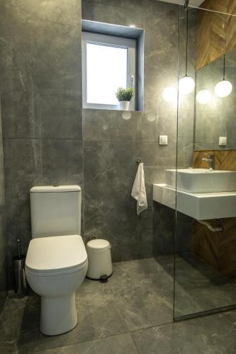 a bathroom with a toilet and a sink at "The House" Апартаменти и Термална зона in Velingrad