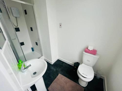 a bathroom with a white toilet and a sink at Comfy Stylish 1BD Apt near Transport Links in Liverpool