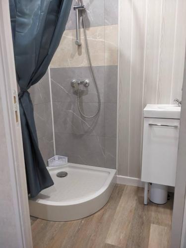 une salle de bain avec douche, baignoire et toilettes dans l'établissement Appartement et salle de jeu, à Saint-Claude
