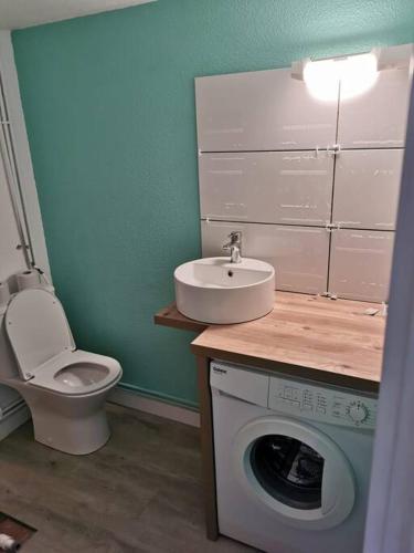 une salle de bain avec toilettes et lavabo et une machine à laver dans l'établissement Maison terrasse Port Leucate Hawaï 2, à Port-Leucate
