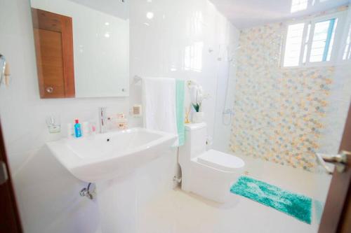 a white bathroom with a sink and a toilet at Una Estadía Vip in Santiago de los Caballeros