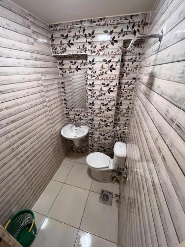 a bathroom with a toilet and a sink with birds on the wall at Cairo de casa hostel in Cairo