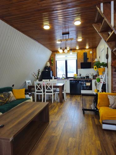 梅斯蒂亞的住宿－B&B Cottage in Mestia，客厅配有沙发和桌子