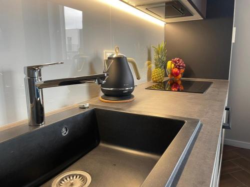 a kitchen counter with a sink and a mixer at Premium Apartment Victoria 141 in Warsaw