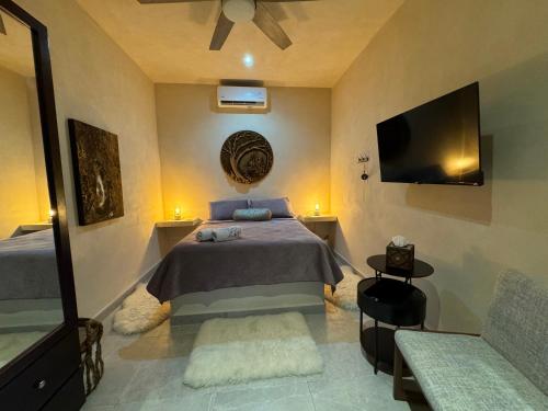 een slaapkamer met een bed en een flatscreen-tv bij Playanet in Chelem