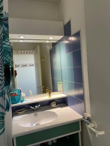 une salle de bain avec un lavabo et un miroir dans l'établissement Appartement vue mer/piscine-Les pins bleus, à Juan-les-Pins