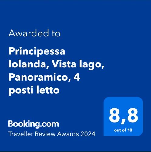 a screenshot of a phone with the text awarded to primrosasia lombardy at Principessa Iolanda, Vista lago, Panoramico, 4 posti letto in Anguillara Sabazia