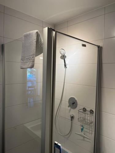 勒文斯坦的住宿－Ferienwohnung Gergert Nr.2，浴室内配有淋浴和头顶淋浴