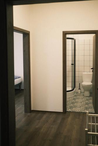 an open door to a bathroom with a toilet at Horalka Apartments in Jáchymov