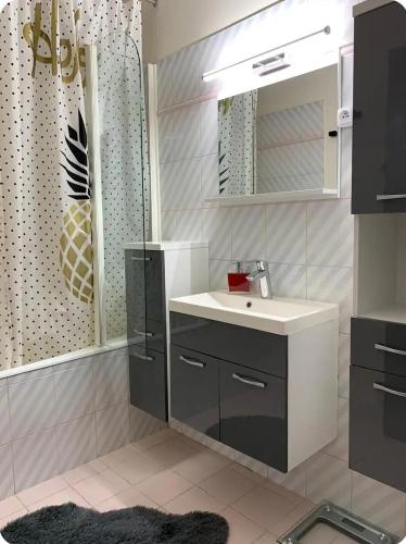 La salle de bains est pourvue d'un lavabo et d'une douche. dans l'établissement Chambre#1privée en colocation Vue sur Paris Tour Eiffel, à Cachan
