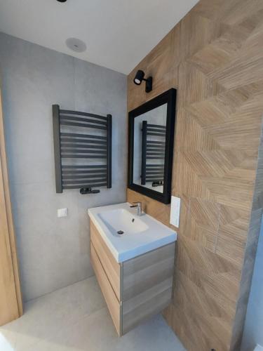 a bathroom with a white sink and a mirror at Apartamenty Jaskółcza in Bydgoszcz