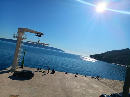 un gruppo di persone seduti su una spiaggia vicino all'acqua di IGGY a Malinska