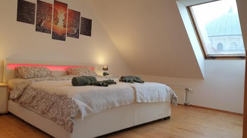 - une chambre avec un lit et une grande fenêtre dans l'établissement LINDA apartment, à Trenčín