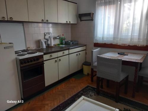 eine kleine Küche mit einem Herd und einem Tisch in der Unterkunft Apartmani Pavlov in Aranđelovac