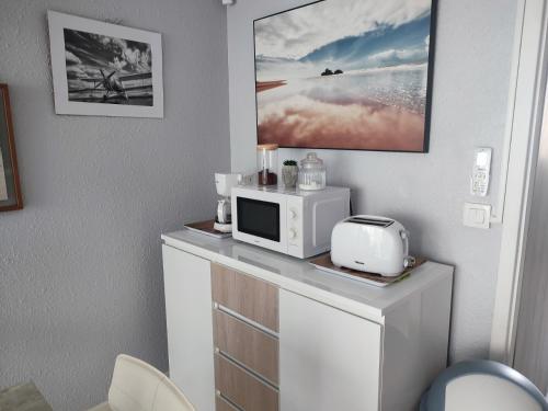 eine Küche mit einer Mikrowelle und einem Toaster auf der Theke in der Unterkunft Appartement T2 Ensoleillé au Barcarès in Le Barcarès