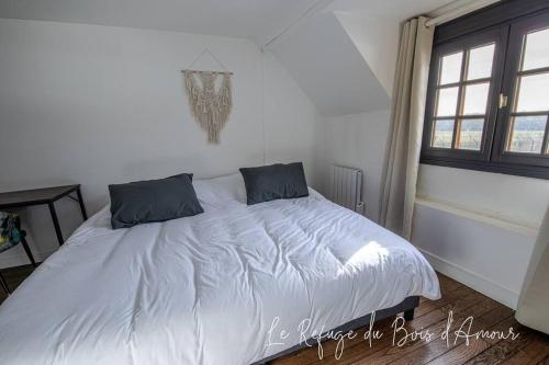 a white bed with two pillows on it in a bedroom at Le Refuge du Bois d'Amour in Arnières-sur-Iton