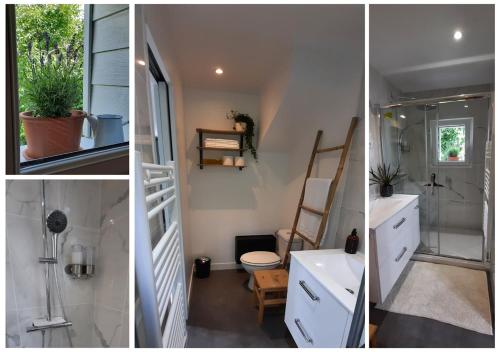 een badkamer met een wastafel, een douche en een toilet bij Le3BisMyosotis in Massy