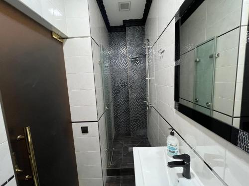 a bathroom with a shower with a sink and a shower at Center Apartment in Chişinău