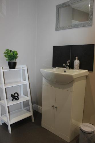 a bathroom with a white sink and a shelf at Ashville Grange in Scarborough