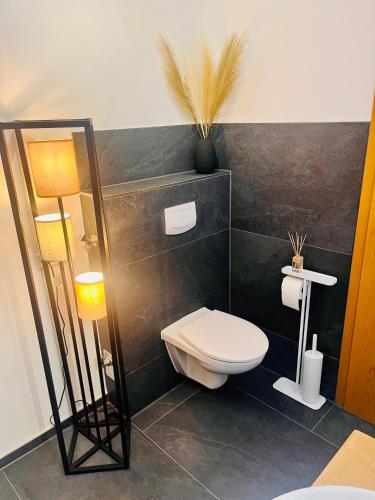 a bathroom with a toilet and two lights in it at Boutique Apartment in Lenzkirch