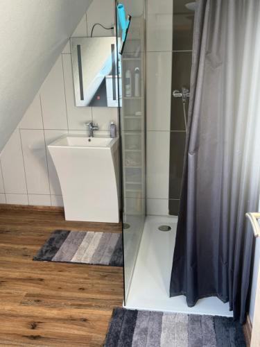 a bathroom with a shower and a sink and a shower curtain at Gästezimmer am Aartalsee in Bischoffen