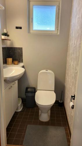 La salle de bains est pourvue de toilettes, d'un lavabo et d'une fenêtre. dans l'établissement Cozy apartment in Alp House, à Kuopio