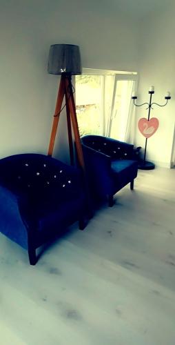 a living room with a blue couch and a lamp at Garden Pypa in Vânătorii Mici