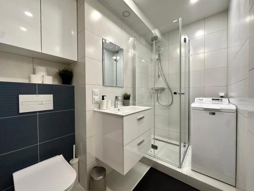 e bagno con doccia, servizi igienici e lavandino. di MMRent Przytulny apartament w Sopocie a Sopot