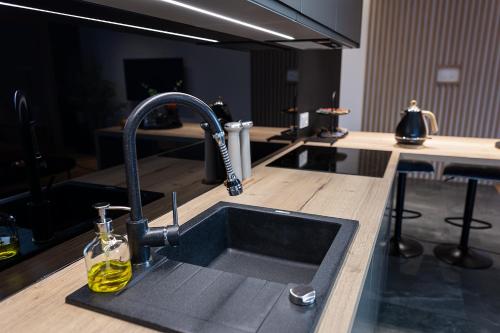 a kitchen with a sink with a bottle of oil at Apartamenty STUDIO in Busko-Zdrój
