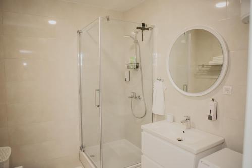 La salle de bains est pourvue d'une douche, d'un lavabo et d'un miroir. dans l'établissement Apartman Metković City, à Metković