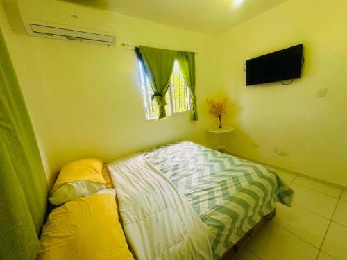 Dormitorio pequeño con cama y TV en Casa Vasquez, en San Felipe de Puerto Plata