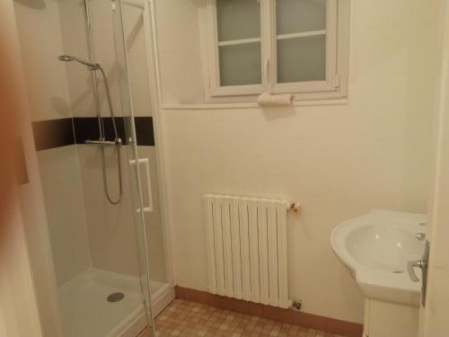 een badkamer met een douche, een toilet en een wastafel bij Maison proche Chateau-gontier in Marigné-Peuton