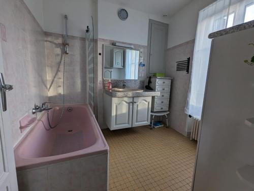 a bathroom with a pink tub and a sink at Grande maison avec extérieur, jacuzzi et billard in Vierzon