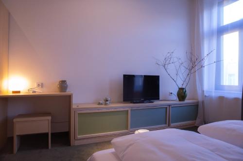 a bedroom with a tv on a dresser with a bed at Hotel de Saxe Leipzig in Leipzig
