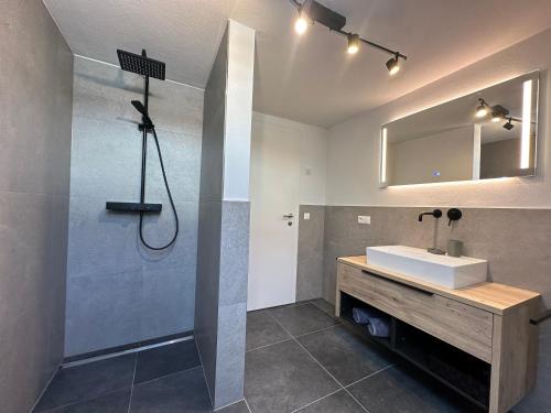 La salle de bains est pourvue d'un lavabo et d'une douche. dans l'établissement Das Lungau View - NEUERÖFFNUNG, à Mauterndorf
